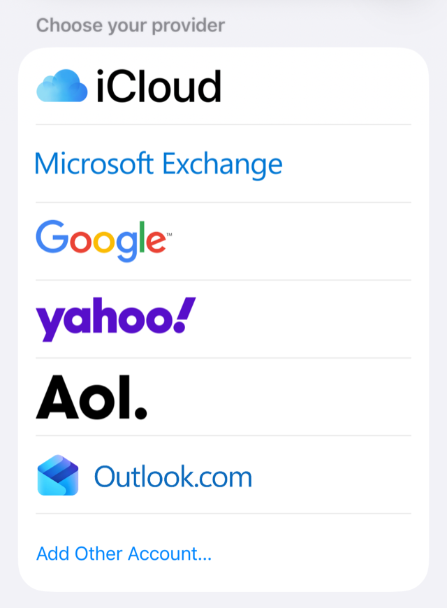 iPhone Add Account screen listing iCloud, Microsoft Exchange, Google, Yahoo, AOL, Outlook.com and Add Other Account.