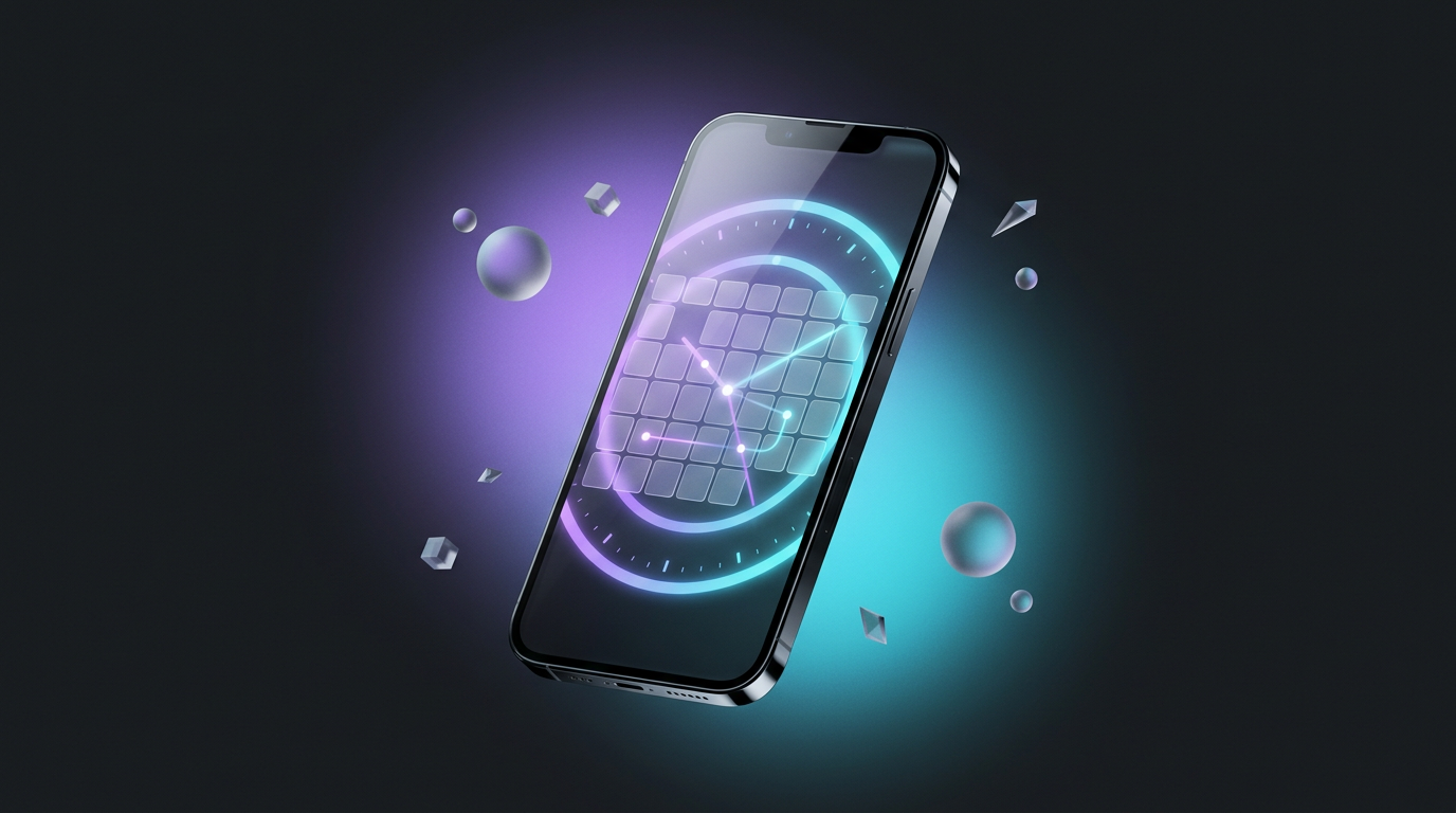 Stylized phone with calendar grid and clock, purple glow on dark background