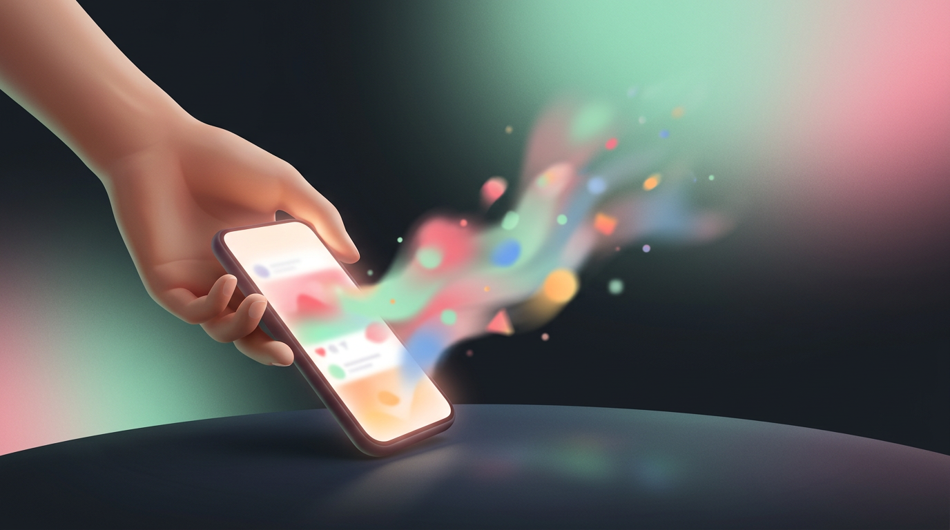 Calm moment: phone set down, abstract social feed fading, space to breathe