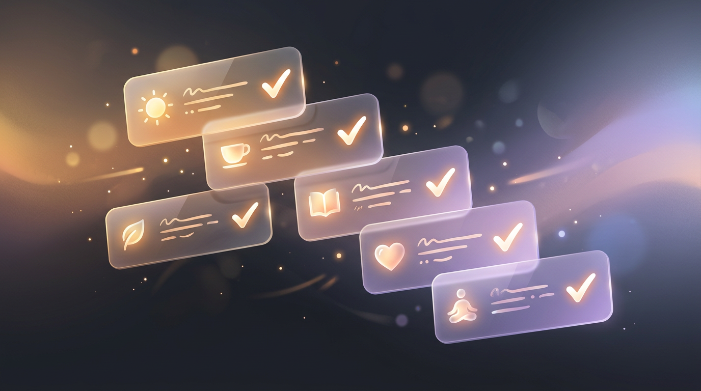 Glass checklist cards with checkmarks, warm amber light on dark background