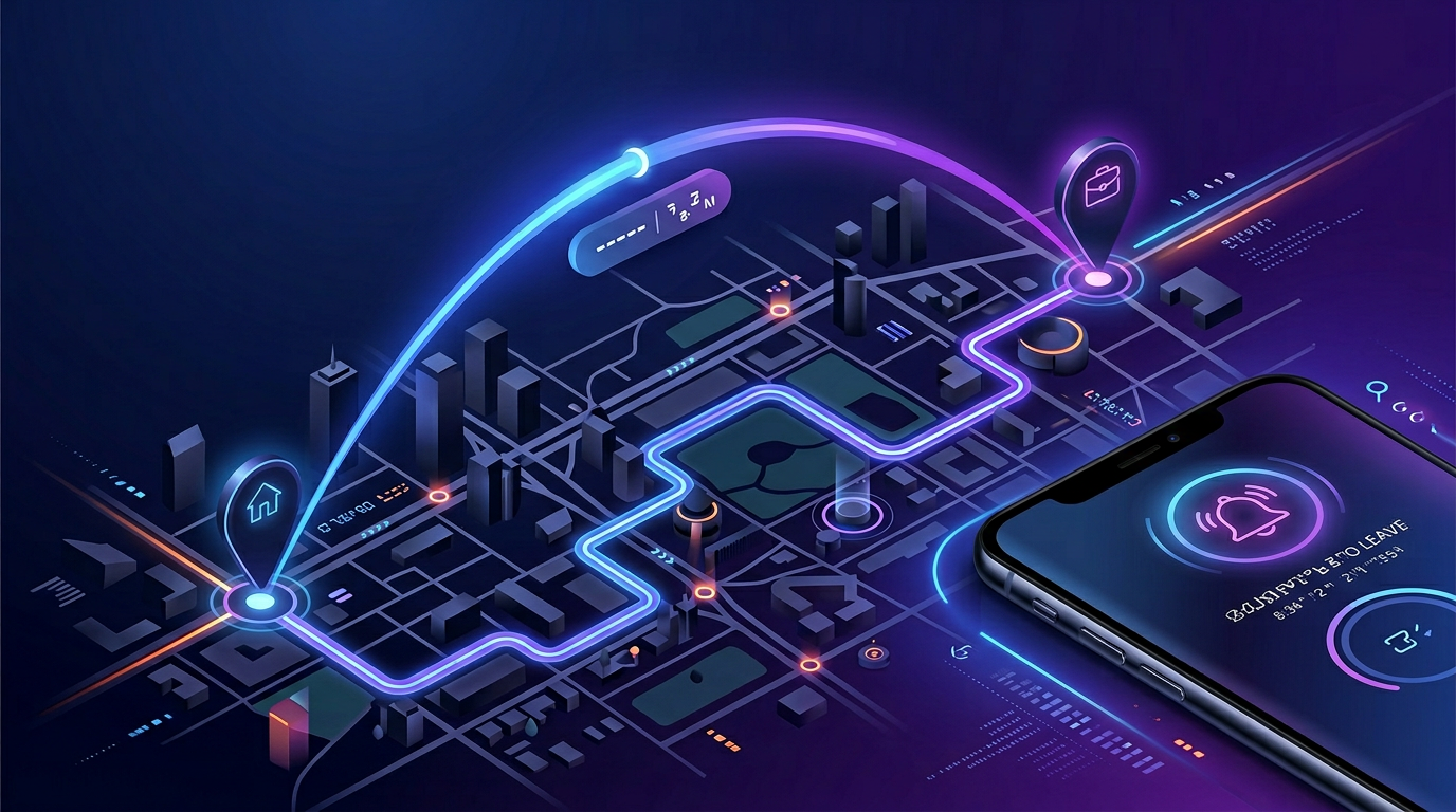 Abstract map with route from home to destination and travel-time glow